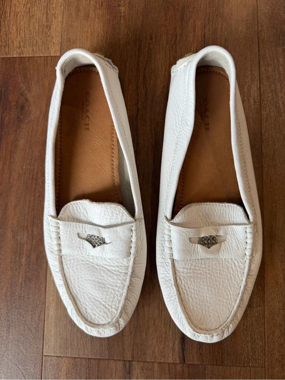 Coach White Pebbled Leather Driving Loafers